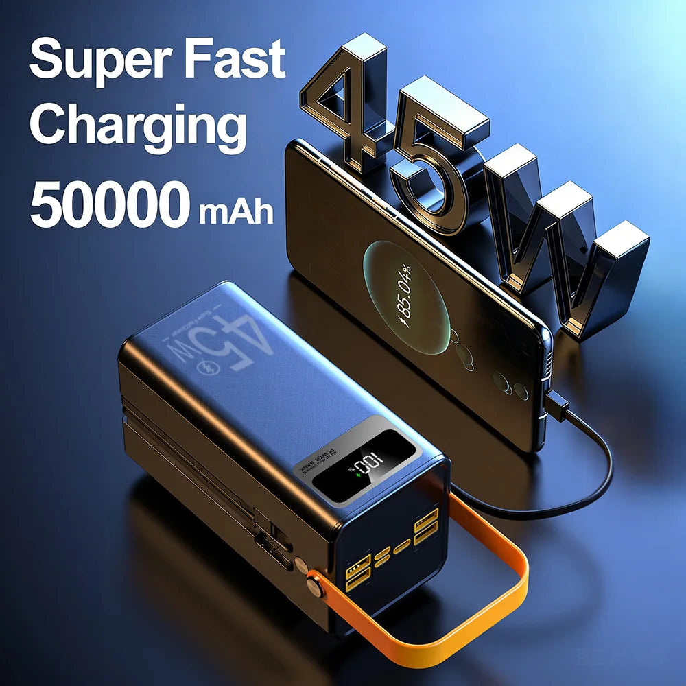 50,000mAh Power Bank – 45W Fast Charging with Built-In Cables