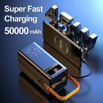 50,000mAh Power Bank – 45W Fast Charging with Built-In Cables