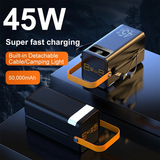 50,000mAh Power Bank – 45W Fast Charging with Built-In Cables