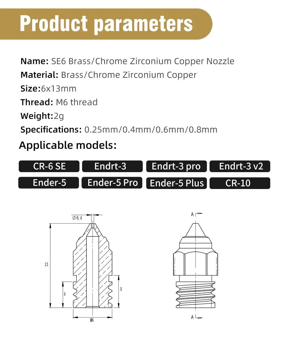 MK8 Düse 0.2 0.4 0.6 0.8mm für Creality CR‑6 SE Ender 3 S1 CR10 V2
