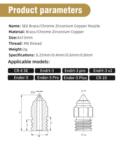 MK8 Düse 0.2 0.4 0.6 0.8mm für Creality CR‑6 SE Ender 3 S1 CR10 V2