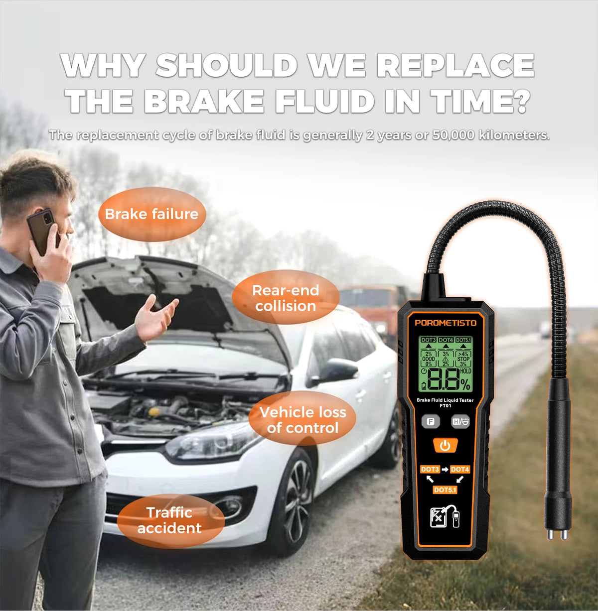 FT01 Automotive Brake Fluid Brake Oil Tester Portable Digital Brake Fluid Tester DOT3/DOT4/DOT5.1 Test With Flexible Probe