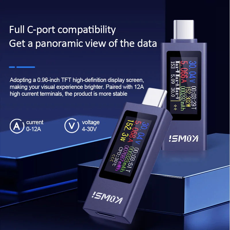 Type-C Multi-function Digital Display DC Voltage Ammeter Power Meter DC 4-30V 12A Voltmeter Ammeter Charger Capacity Tester
